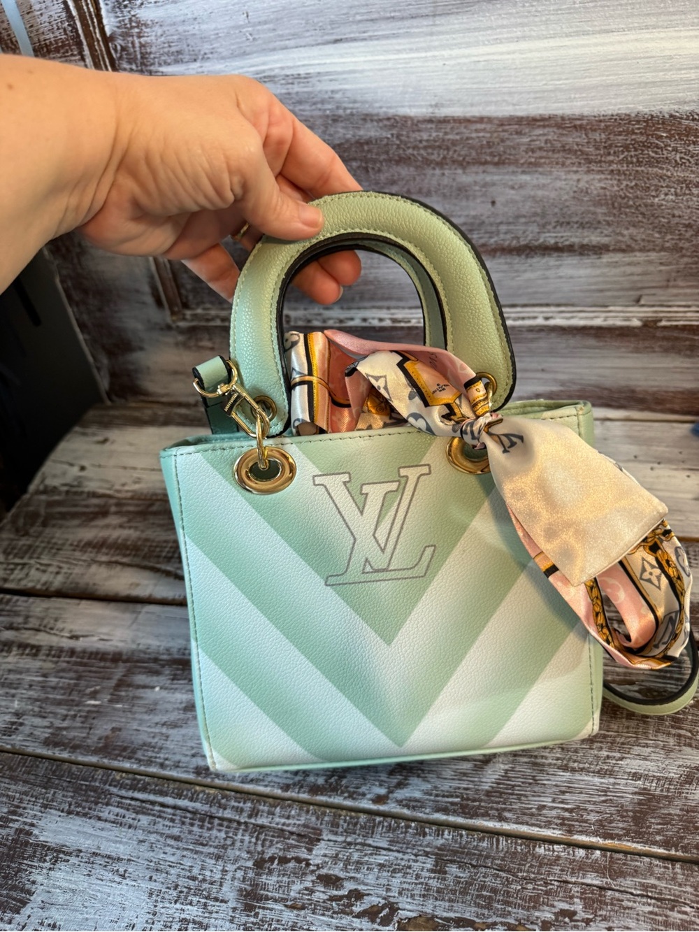 Mint Green Chevron Mini Bag with Scarf Accent